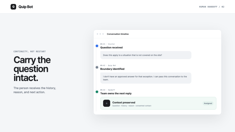 A Quip Bot-style conversation timeline showing an assistant response followed by a named human handoff.