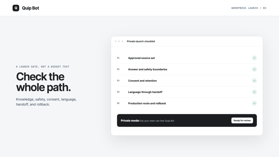 A Quip Bot-style WordPress launch checklist with knowledge, safety, consent, language, and handoff checks.